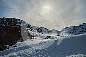 Arctic timelapse of ice mountain ranges at snow landscape. Nobody wild nature environment scenery of climate change