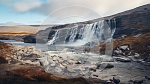 Arctic Tundra Waterfall Photo In Light Beige And Gray