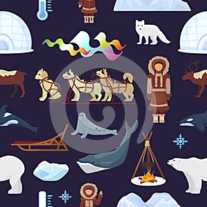 Arctic vector northern borealis norway and husky dog sledding sledge to yurta in snowy winter illustration polaris set