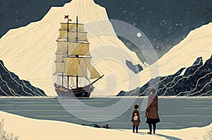 Arctic Voyage: Mother and Child Observing a Ship