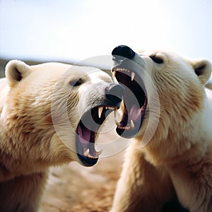 In Arctic wilderness, two polar bears fiercely battle each other.