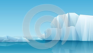 Arctic winter panorama landscape with iceberg and ice mountains. Cold climate winter vector background.