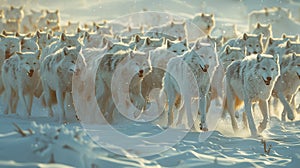 Arctic wolves hunting in snowy tundra, detailed textures, inspired by joel sartore and paul souders