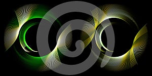 Arcuate, yellow and green striped planes form round frames on a black background. Graphic design elements set. Logo, sign, symbol