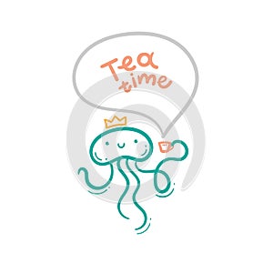 Ð¡ard with cute cartoon jellyfish and tea. Funny animal print. Vector doodle poster. Line art children illustration.