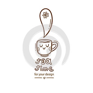 Ð¡ard with cute cartoon mug and tea. Funny drink print. Anthropomorphic tableware poster. Vector doodle illustration.