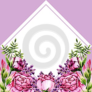 Ð¡ard with watercolor pink peonies, green sprigs and purple berries. Template with hand painted flowers and leaves