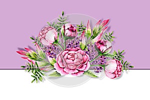 Ð¡ard with watercolor pink peonies, green sprigs and purple berries. Template with hand painted flowers and leaves perfect