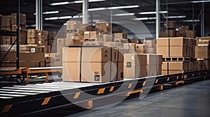 ÃÂ¡ardboard boxes on conveyor in warehouse. AI Generative