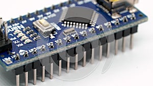 Arduino nano electronic component. Small single board computer, device for study