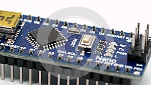 Arduino nano electronic component. Small single board computer, device for study