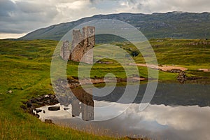 Ardvreck Castle surrounded by water, near Lairg, Scotland, UK