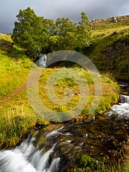 Ardvreck Castle Waterfall, Loch Assynt in Sutherland, Scotland