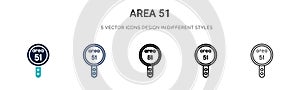 Area 51 icon in filled, thin line, outline and stroke style. Vector illustration of two colored and black area 51 vector icons