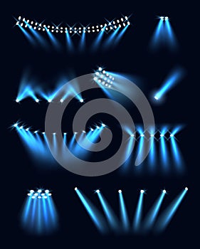 Area illumination. Stadium professional powerful spotlights with directional light decent vector illustration in