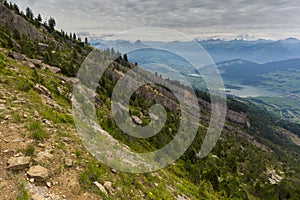 Area of rockfall Gnipen Goldau with view on Lake Lauerz and Swiss alps