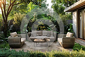 Area of spacious house terrace with modern garden furniture