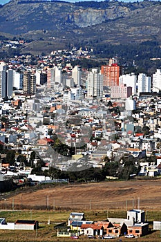 CITY OF TANDIL IN A VALLEY WITH LOW MOUNTAINS WITH BUILDINGS IN PROVINCE OF BUENOS AIRES ARGENTINA-OCT 2018
