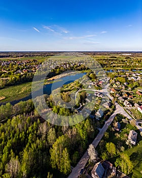 Areal countryside view from drone with small river Venta