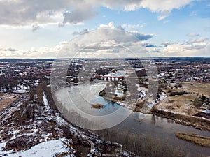 Areal drone photography view of small countryside city Kuldiga, with river Venta