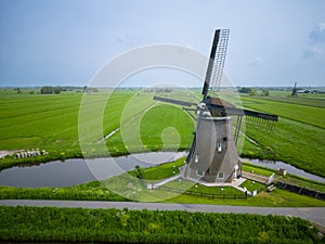 Areal view of Achtkante Molen, is a historic wind mill located near Streefkerk in the Netherlands