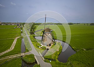 Areal view of Achtkante Molen, is a historic wind mill located near Streefkerk in the Netherlands