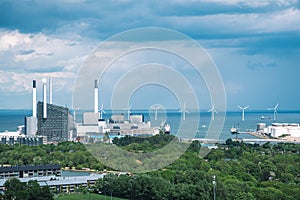 Areal view of Amager Bakke, Slope or Copenhill, incineration plant, heat and power waste-to-energy plant and offshore wind turbine