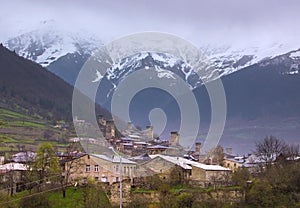 Areal view of beautiful old town Mestia, capital of Swanetia. Georgia.