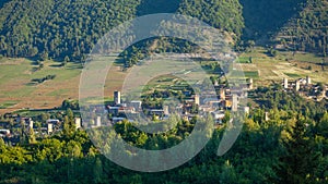 Areal view of beautiful old village Mestia with its Svan Towers. Georgia