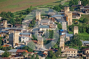 Areal view of beautiful old village Mestia with its Svan Towers. Georgia