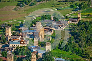 Areal view of beautiful old village Mestia with its Svan Towers. Georgia