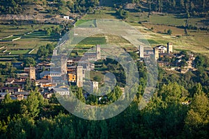 Areal view of beautiful old village Mestia with its Svan Towers. Georgia