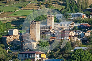 Areal view of beautiful old village Mestia with its Svan Towers. Great place to travel. Georgia