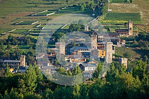 Areal view of beautiful old village Mestia with its Svan Towers. Great place to travel. Georgia