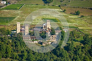 Areal view of beautiful old village Mestia with its Svan Towers. Great place to travel. Georgia