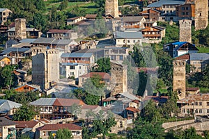 Areal view of beautiful old village Mestia with its Svan Towers. Great place to travel. Georgia