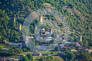 Areal view of beautiful old village Mestia with its Svan Towers. Great place to travel. Georgia