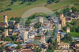 Areal view of beautiful old village Mestia with its Svan Towers. Great place to travel. Georgia