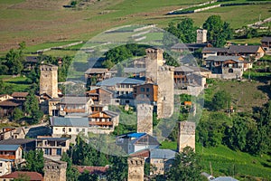 Areal view of beautiful old village Mestia with its Svan Towers. Great place to travel. Georgia