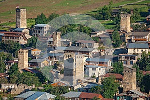 Areal view of beautiful old village Mestia with its Svan Towers. Great place to travel. Georgia