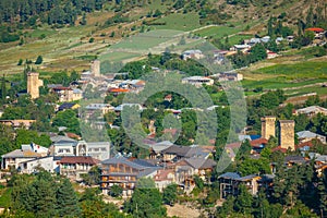 Areal view of beautiful old village Mestia with its Svan Towers. Great place to travel. Georgia