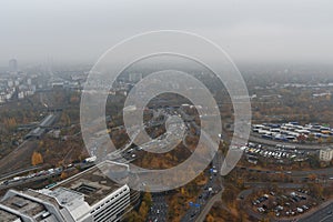 Areal view from Funkturm Berlin fog in the autumn. Germany