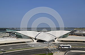 Areal view of the historic TWA Flight Center and JetBlue Terminal 5 at John F Kennedy International Airport