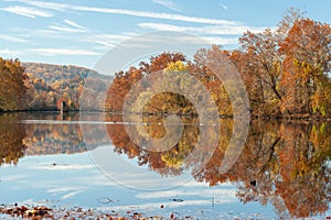 Areal view of a peaceful lake surrounded by dense forest of deciduous trees in fall