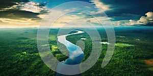 areal view of the vast amazon river and amazonian lush rain forest jungle. Blue sky over the south american tropical rain forest.