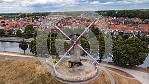 Areal view of a windmill in Bruges, Belgium.