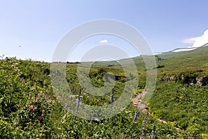 Areas of mountainous terrain in hot summer, walking along the canyon on a sunny day, communicating with nature,wild places.