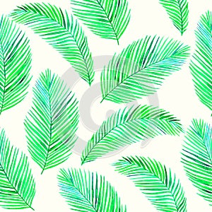 Areca palm dypsis lutescens leaves, hand painted watercolor illustration, seamless pattern design on soft