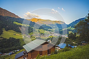 Areches-Beaufort, France, 20.6.2019.  View of French Alps in summer. Beautiful  ski rezort village Areches in France mountains alp