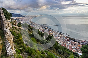 Arechi Castle on a hill over Salerno with the view of Gulf of Salerno, Campania, Italy